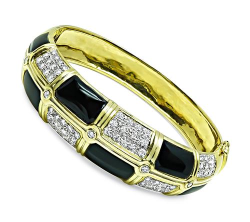 Round Cut Diamond Onyx 18k Yellow and White Gold Bangle