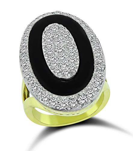 1960s Round Cut Diamond Onyx 18k Yellow and White Gold Ring