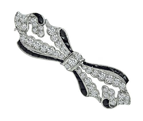 Art Deco European Cut Diamond Onyx Platinum Bow Pin