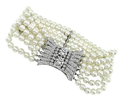 Round Cut Diamond Pearl 14k White Gold Clasp Bracelet