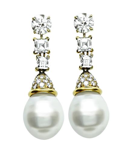 Round and Carre Cut Diamond 14k and 18k Yellow Gold Pearl Drop Earrings