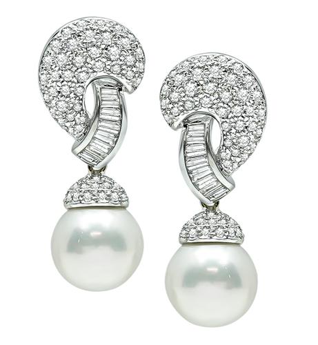 Round and Baguette Cut Diamond Pearl 18k White Gold Earrings