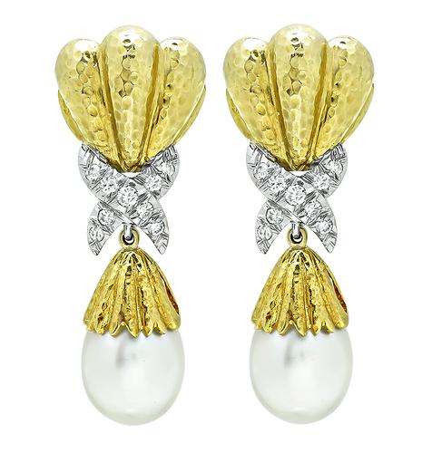 Round Cut Diamond Pearl 18k Yellow and White Gold Day and Night Earrings