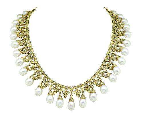 Pearl Round Cut Diamond 18k Yellow Gold Necklace
