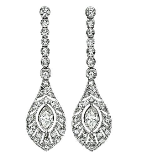 Marquise and Round Cut Diamond Platinum Drop Earrings