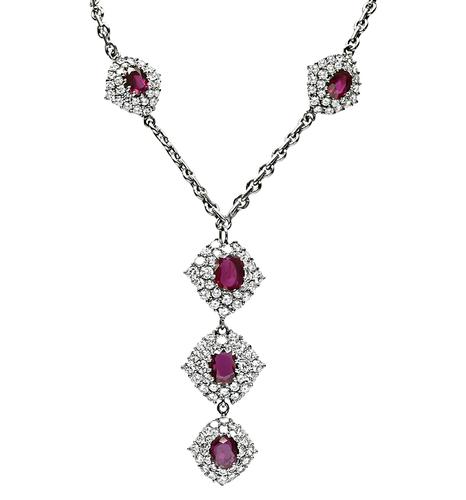 Round Cut Diamond Oval Cut Ruby 14k White Gold Necklace