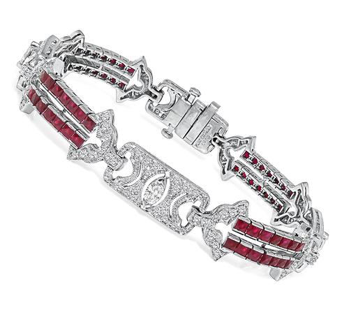 Art Deco Style Marquise and Round Cut Diamond French Cut Ruby Platinum Bracelet