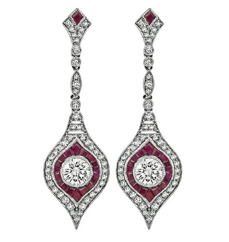 Round Cut Diamond Ruby Platinum Dangling Earrings