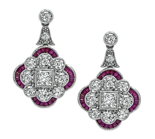 Princess and Round Cut Diamond Baguette Cut Ruby Platinum Earrings