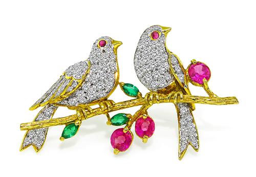 Round Cut Diamond Oval and Cabochon Ruby Marquise Cut Emerald 18k Yellow and White Gold Love Bird Pin