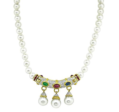 Cabochon Emerald Sapphire and Ruby Round Cut Diamond 18k Yellow Gold Pearl Necklace