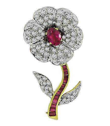 Round Cut Diamond Oval and Baguette Cut Ruby 18k Yellow and White Gold Flower Pin
