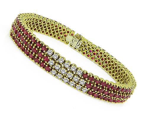 Round Cut Diamond and Ruby 18k Yellow Gold Bracelet