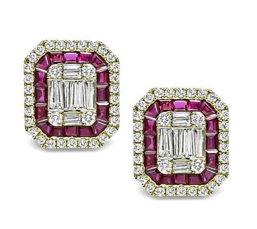 Round and Baguette Cut Diamond Square and Trapezoid Cut Ruby 14k Yellow Gold Earrings
