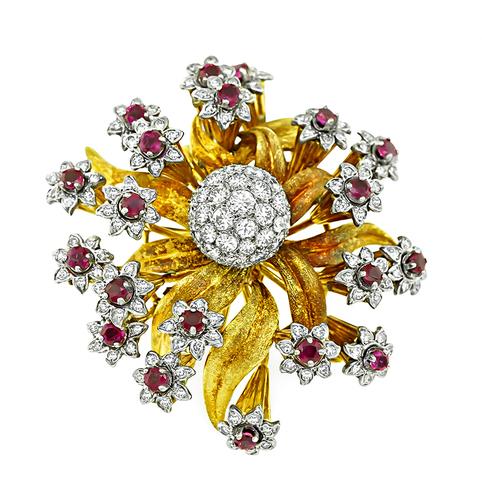 Round Cut Diamond and Ruby 18k Yellow and White Gold Flower Brooch by Edwin Pearl