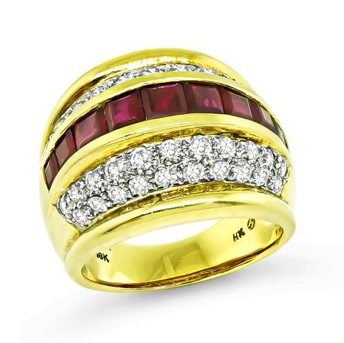 Square Cut Ruby Round Cut Diamond 18k Yellow and White Gold Ring