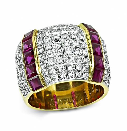 Round Cut Diamond Square Cut Ruby 18k Yellow and White Gold Ring