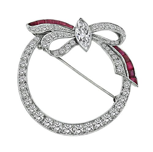 Vintage Marquise and Round Cut Diamond Ruby Platinum Pin