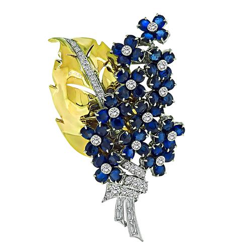 Cushion Cut Sapphire Round Old Mine and Baguette Cut Diamond Platinum and 14k Gold Bouquet Pin