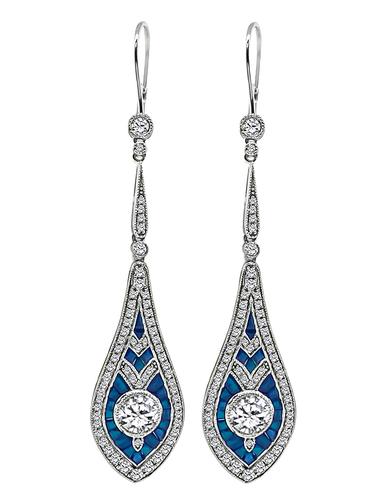 Round Cut Diamond Baguette Cut Sapphire 14k White Gold Drop Earrings