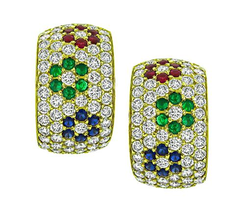 Round Cut Diamond Ruby Sapphire and Emerald 18k Yellow Gold Earrings