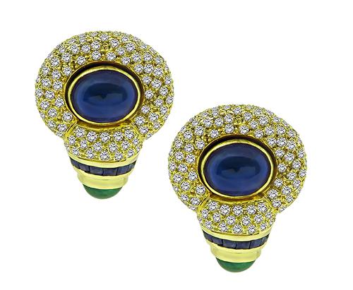 Round Cut Diamond Cabochon Emerald and Sapphire 18k Yellow Gold Earrings