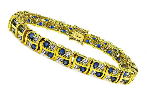 Round Cut Diamond and Sapphire 18k Yellow Gold Bracelet