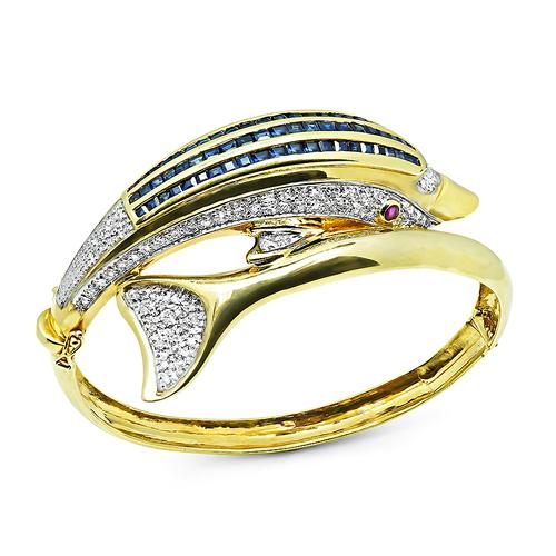 Round Cut Diamond Square Cut Sapphire 14k Yellow and White Gold Dolphin Bangle