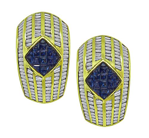 Baguette Cut Diamond Square French Cut Sapphire 18k Yellow Gold Earrings