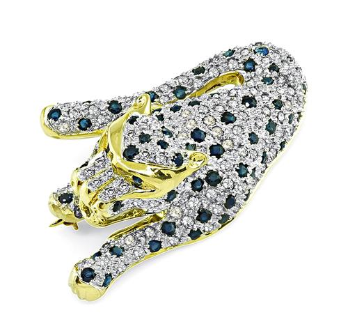 Round Cut Diamond and Sapphire 18k Yellow and White Gold Panther Pin