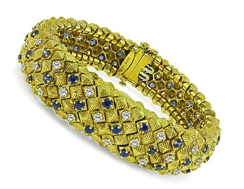 Round Cut Diamond and Sapphire Tiffany Dial 18k Yellow Gold Watch Bracelet