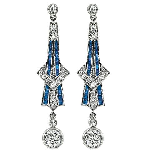 Estate Round Cut Diamond Sapphire Platinum Drop Earrings