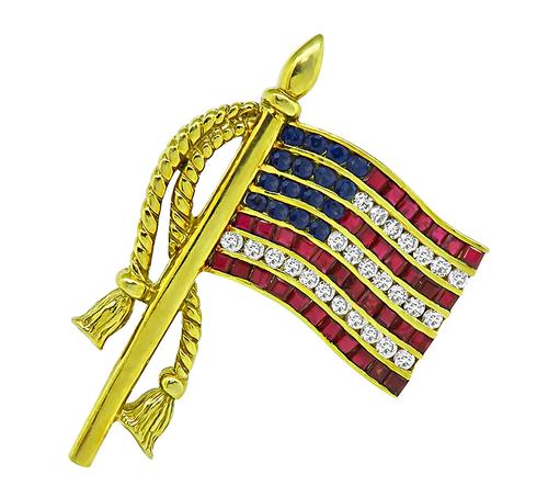 Round Cut Diamond and Sapphire Square Cut Ruby 18k Yellow Gold American Flag Pin