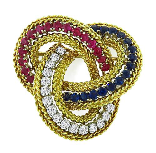 1960s Round Cut Diamond Sapphire and Ruby 14k Yellow and White Gold Love Knot Pin
