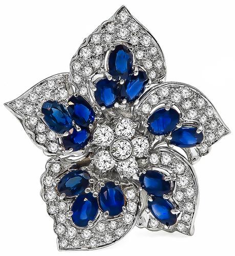 Oval Cut Sapphire Round Cut Diamond 18k White Gold Flower Pin