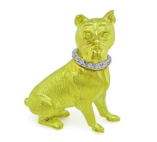 18k Yellow and White Gold Round Cut Diamond Dog Pin