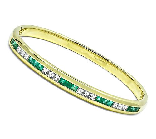 Emerald Cut Diamond and Emerald 18k Yellow Gold Bangle