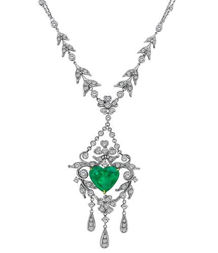 Heart Shape Emerald Round Cut Diamond 18k White and Yellow Gold Necklace