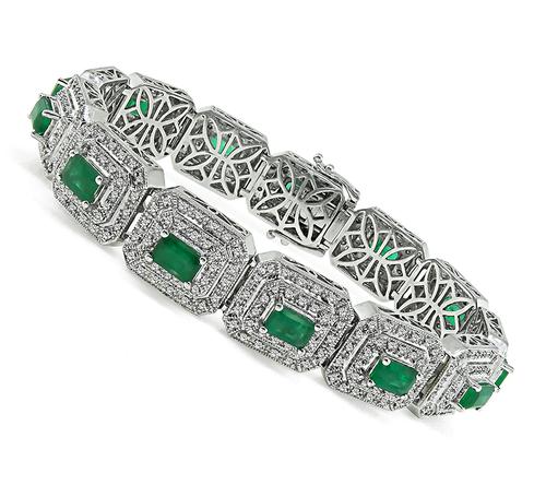 Emerald Cut Emerald Round Cut Diamond 14k White Gold Bracelet