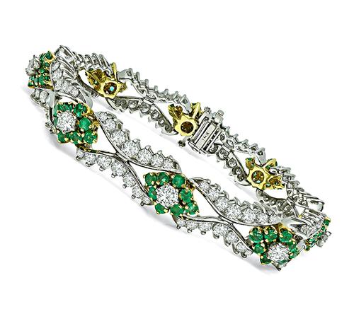 Round Cut Diamond and Emerald 14k White and Yellow Gold Bracelet