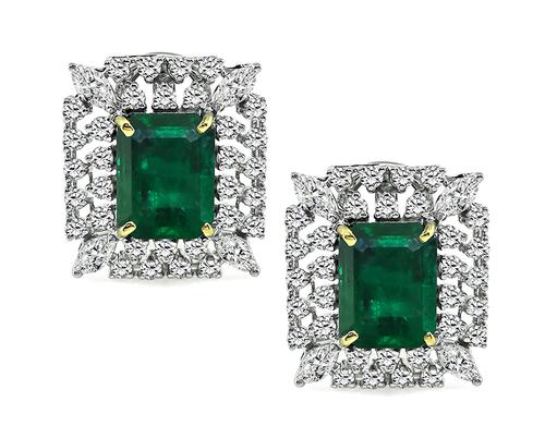 Emerald Cut Emerald Round and Marquise Cut Diamond 18k White and Yellow Gold Earrings