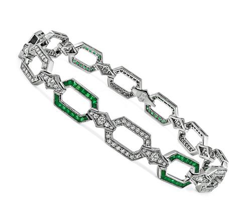 Estate Round Cut Diamond Square and Trapezoid Cut Emerald Platinum Bracelet