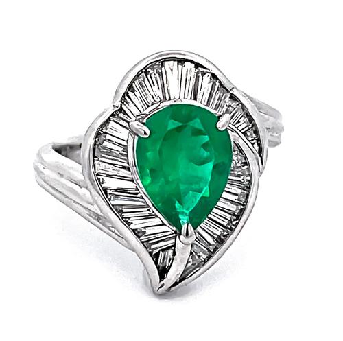 Pear Shape Emerald Baguette Cut Diamond Platinum Ring