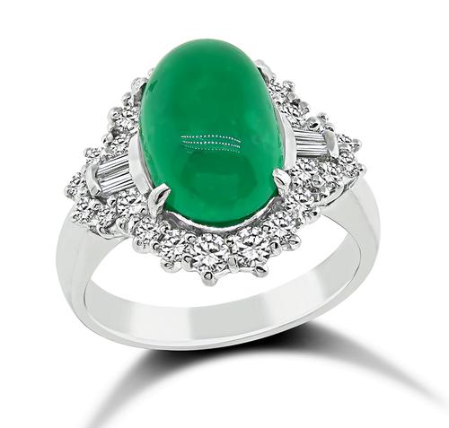 Cabochon Emerald Round and Baguette Cut Diamond Platinum Ring