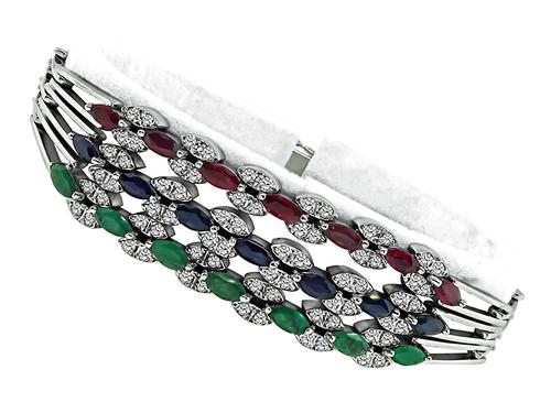 Round Cut Diamond Marquise Cut Emerald Sapphire and Ruby 18k White Gold Bracelet
