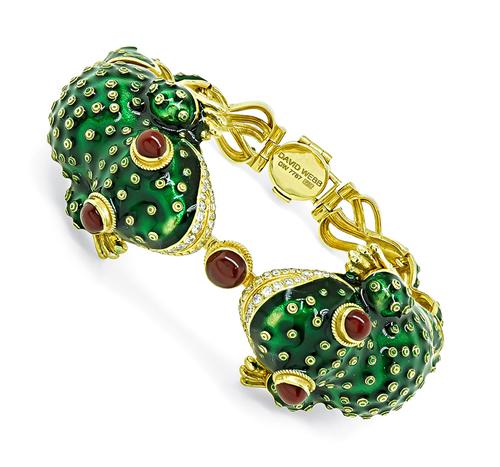 Round Cut Diamond Cabochon Ruby 18k Yellow Gold Enamel Frog Bracelet