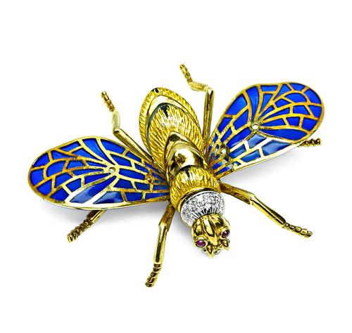 Round Cut Diamond Enamel 18k Yellow and White Gold Plique-a-jour Bee Brooch