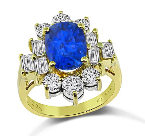 Cushion Cut Sapphire Round and Emerald Cut Diamond 18k Yellow Gold Ring