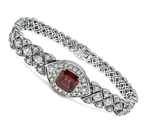 Emerald Cut Garnet Round Cut Diamond 14k White Gold Bracelet