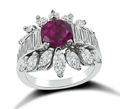 Round Cut Garnet Baguette and Marquise Cut Diamond 14k White Gold Cocktail Ring